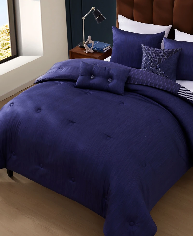 Bebejan Blue Denim Patchwork Bedding 100% Cotton Sateen 5 Piece Queen Size Reversible Comforter Set