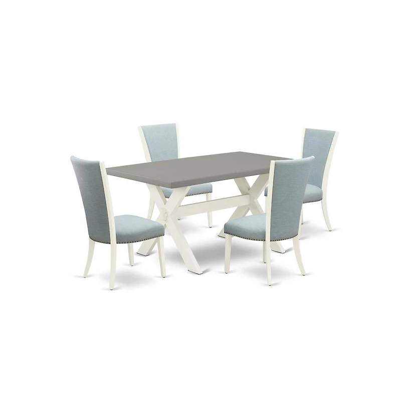 East West Furniture 5 Piece Dining Table Set - 4 Baby Blue Linen Fabric Parson Dining Chairs with Nailheads and Cement Wooden Dining Table