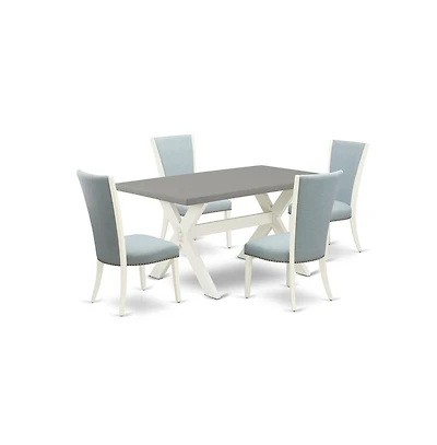 East West Furniture 5 Piece Dining Table Set - 4 Baby Blue Linen Fabric Parson Dining Chairs with Nailheads and Cement Wooden Dining Table