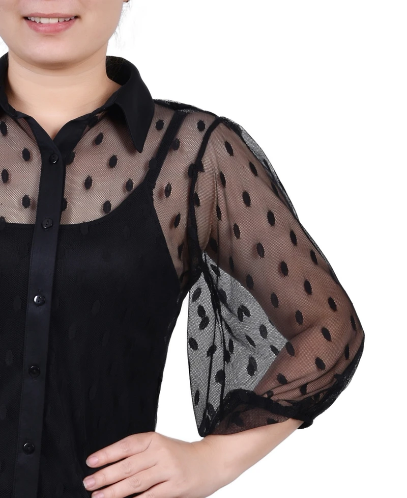 Ny Collection Petite Elbow Sleeve Clip Dot Top
