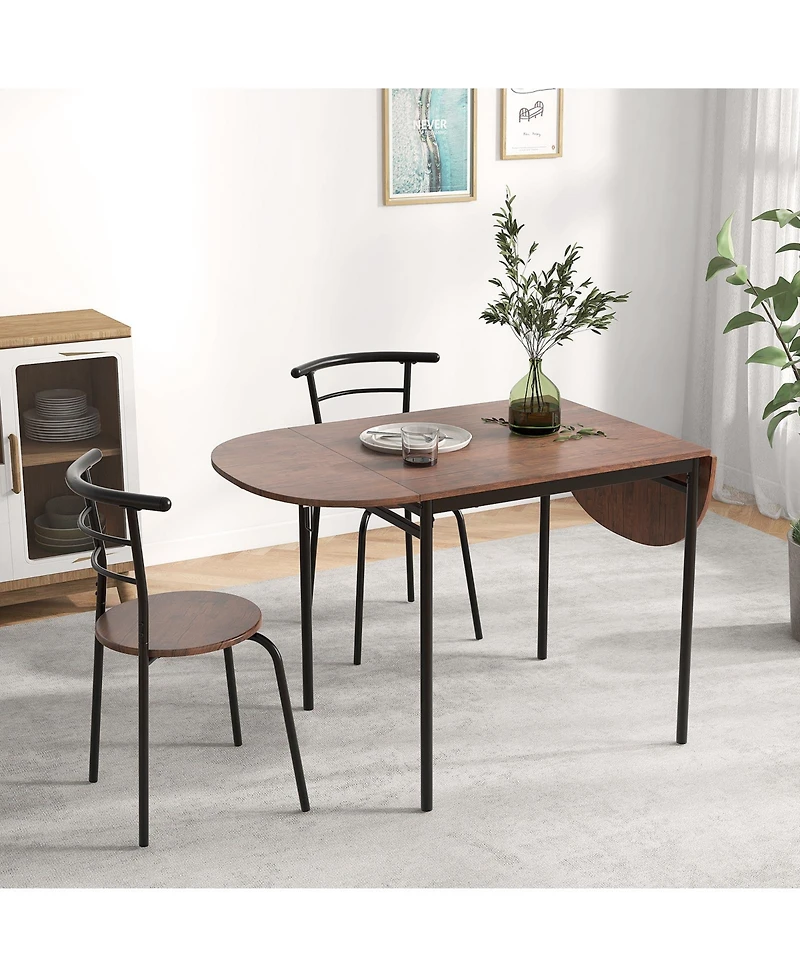 Gymax 3 Pcs Foldable Dining Table Set w/ 2 Chairs Industrial Oval Corner Dining Set