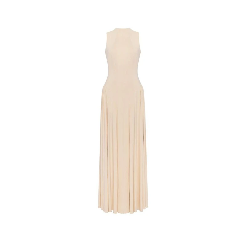 Milla Womens Nude Sleeveless Mock Neck Dress with a Pleated Maxi Skirt