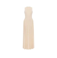 Milla Womens Nude Sleeveless Mock Neck Dress with a Pleated Maxi Skirt