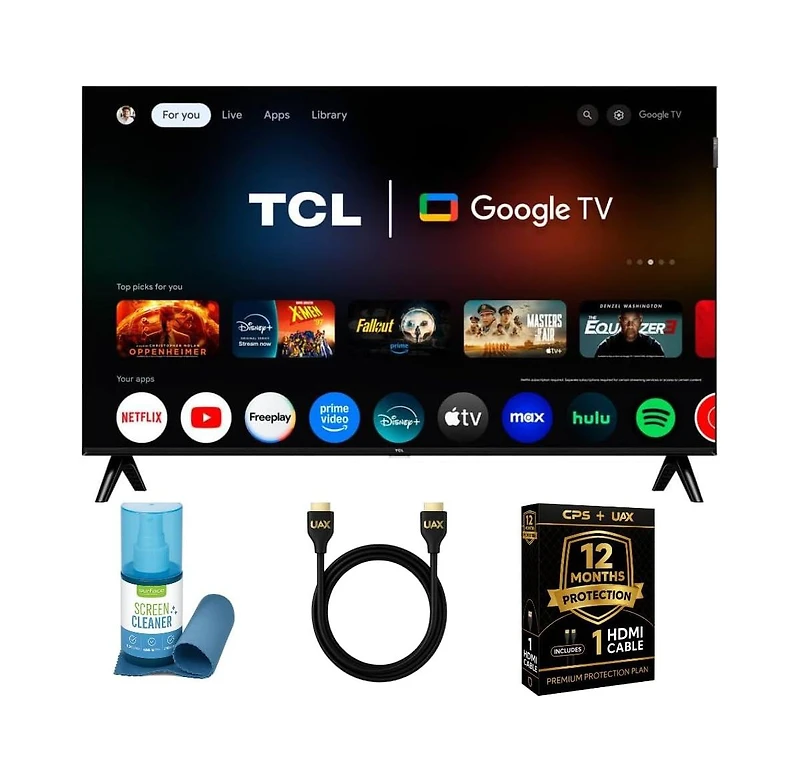 Tcl 32" Q3K Series 1080P Fhd Qled Smart Tv Bundle – HDR10, Google Tv, Bluetooth Audio, Bezel-Less Design w/Cps Protection Plan, Uax Hdmi Cable, Screen