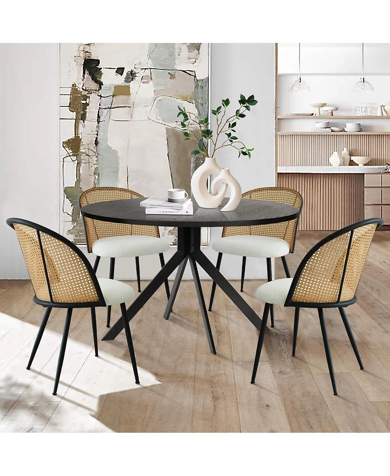 Maison Boucle Modern 5-Piece Dining Set with Round Table & Rattan-Back Chairs, Black Finish, 43" Diameter, Kitchen & Dining Room Furniture-Maison Bouc