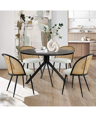 Maison Boucle Modern 5-Piece Dining Set with Round Table & Rattan-Back Chairs, Black Finish, 43" Diameter, Kitchen & Dining Room Furniture-Maison Bouc