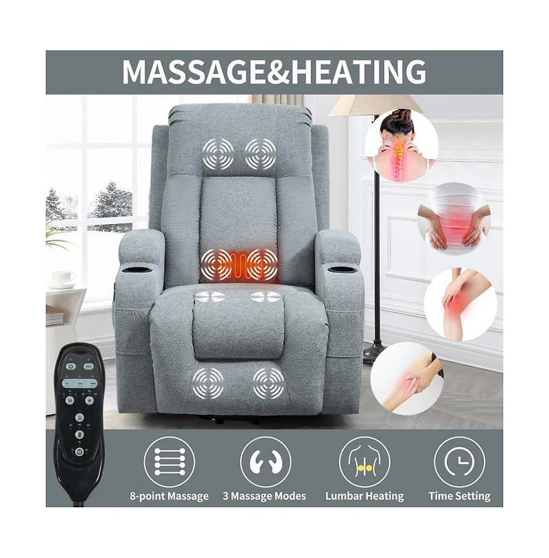Power Lift Recliner Chair with Heat & Massage, Usb Port & Cup Holders, Grey Electric Massage Chair for Seniors-Maison Boucle