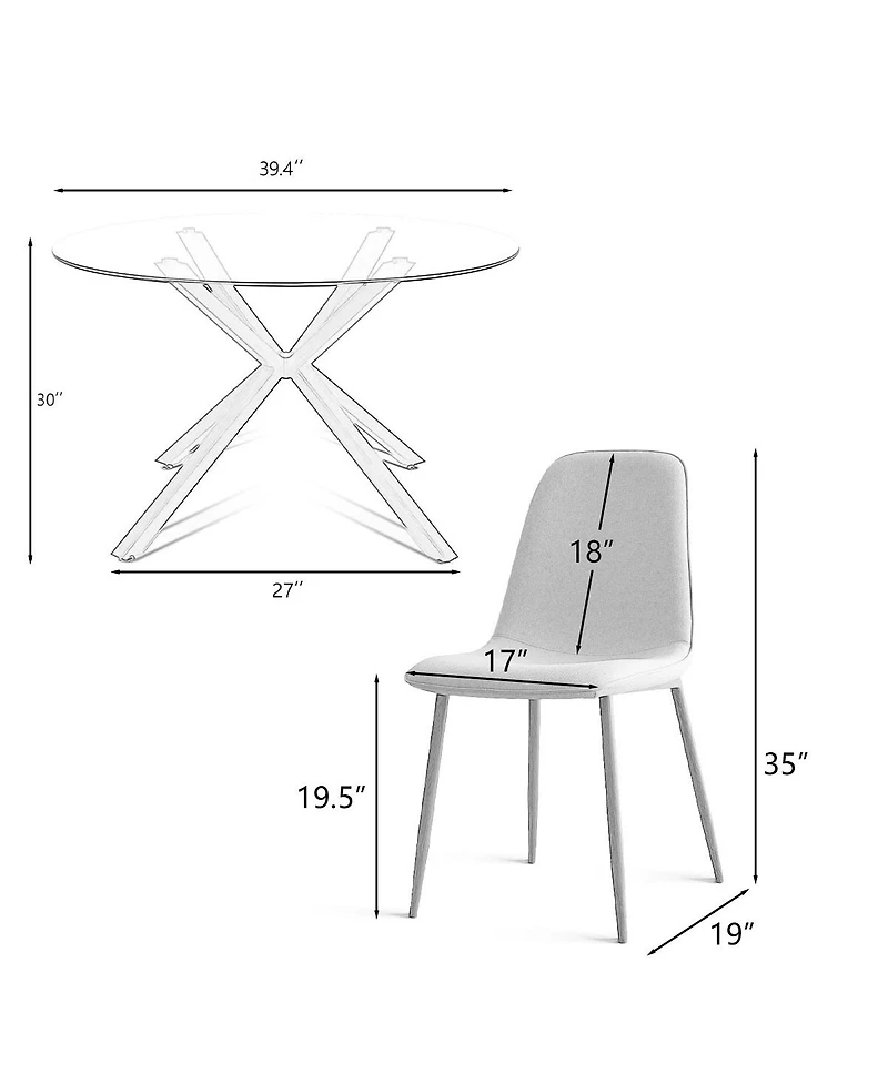 5-Piece Round Glass Dining Table Set for 4, Modern with Upholstered Fabric Chairs and Walnut Metal Legs-Maison Boucle