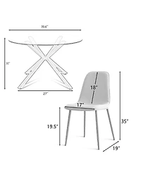 5-Piece Round Glass Dining Table Set for 4, Modern with Upholstered Fabric Chairs and Walnut Metal Legs-Maison Boucle