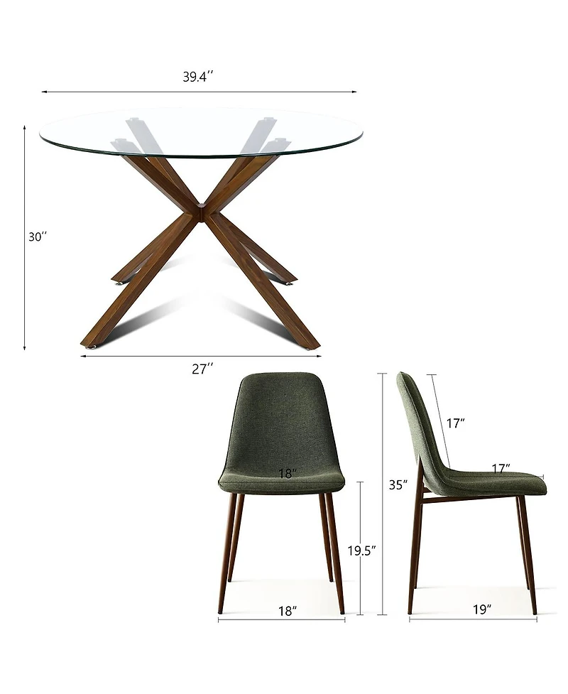5-Piece Round Glass Dining Table Set for 4, Modern with Upholstered Fabric Chairs and Walnut Metal Legs-Maison Boucle