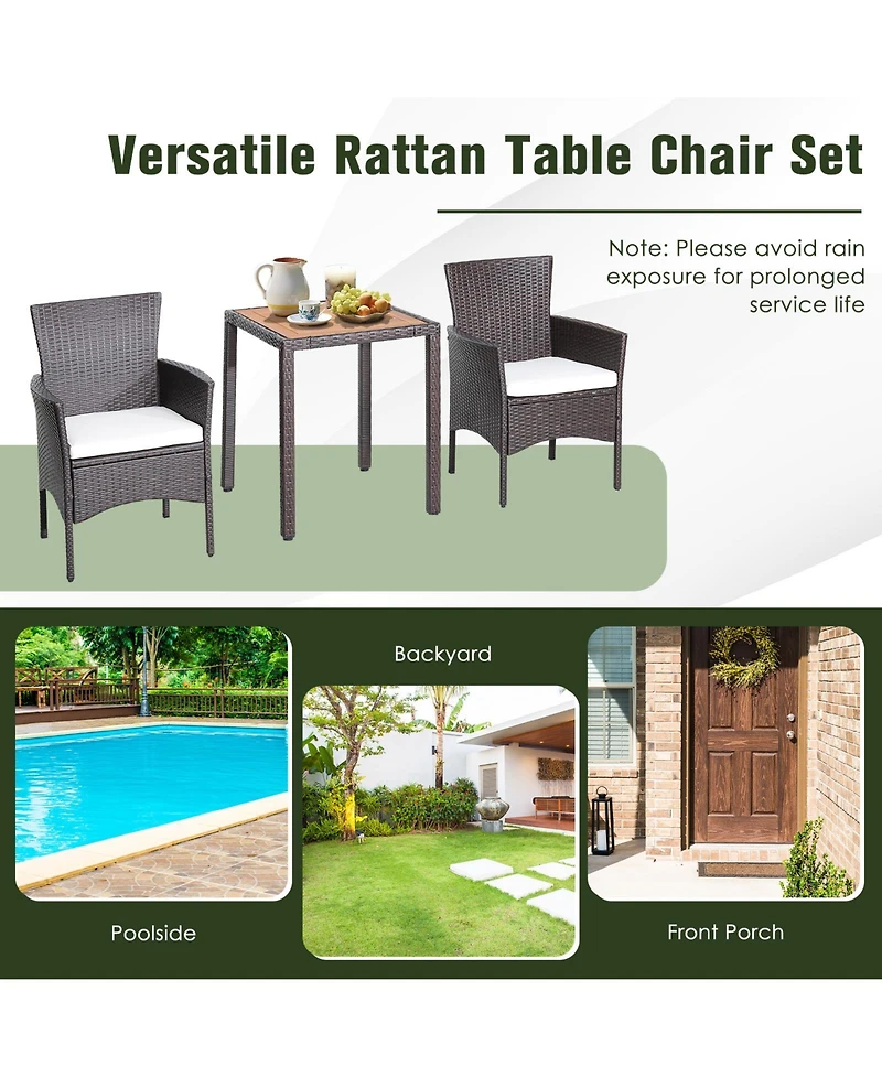 Gymax Set of 3 Wicker Dining Set Acacia Wood Table Top W/ Cushioned Chairs Patio Garden