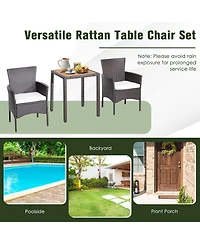 Gymax Set of 3 Wicker Dining Set Acacia Wood Table Top W/ Cushioned Chairs Patio Garden