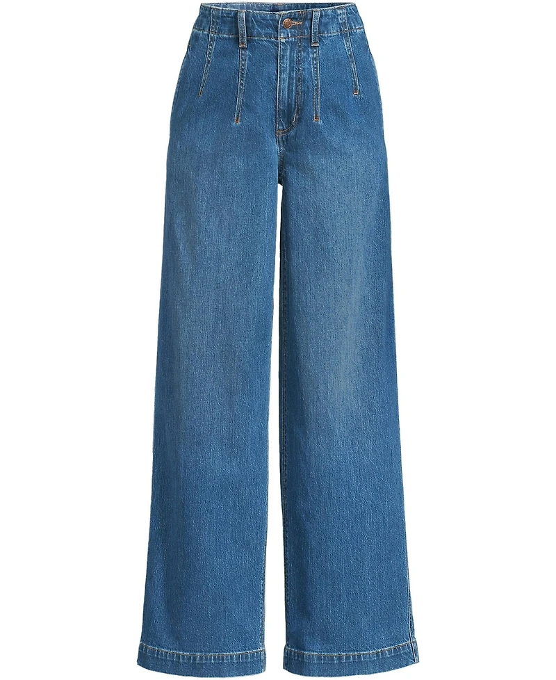 Lands' End Women's Soft Denim High Rise Wide Leg Top Stitch Trousers