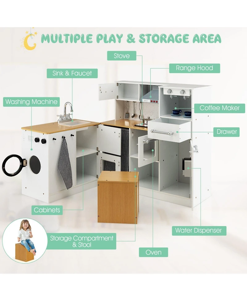 Akiudex Kids 2-Piece Pretend Kitchen and Laundry Play Set with Lights and Sounds