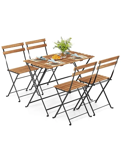 Gymax 5 Pcs Patio Acacia Wood Dining Set w/ 4 Folding Chairs Slatted Seat & Tabletop