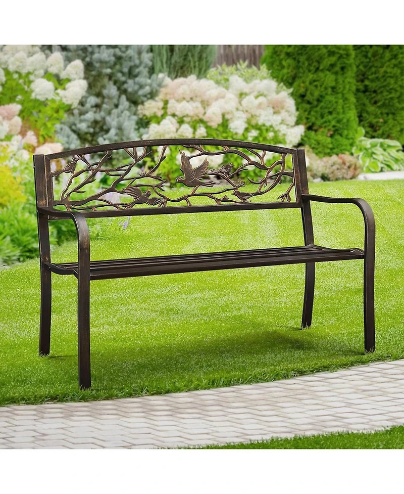 Slickblue Cast Iron Garden Bench with Metal Finish and Bird Pattern Backrest for Outdoor Use