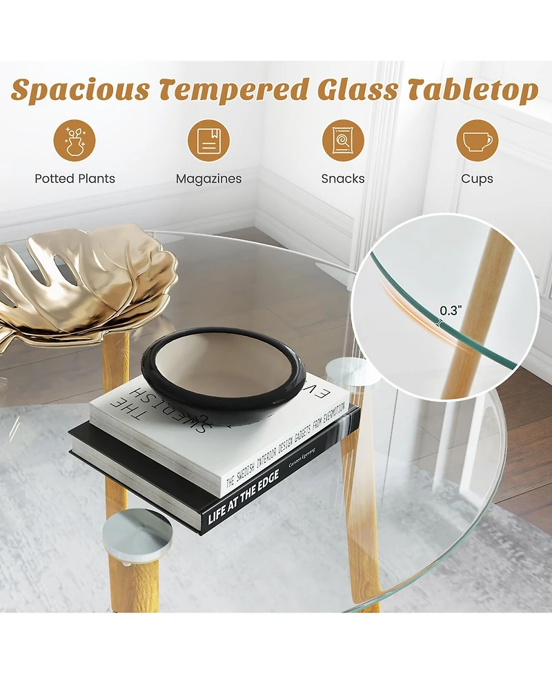 Gymax 5 Pcs Dining Set Round Tempered Glass Table 4 Fabric Chairs Solid Wood Kitchen