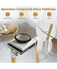 Gymax 5 Pcs Dining Set Round Tempered Glass Table 4 Fabric Chairs Solid Wood Kitchen