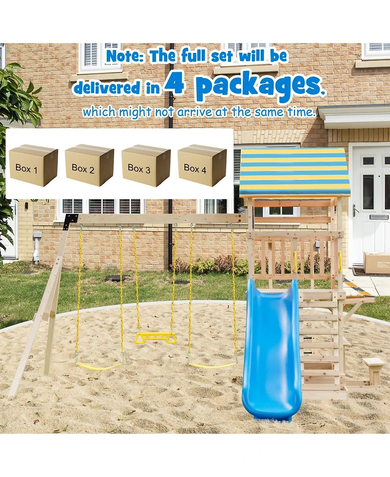 Costway Backyard Wooden Swing Set Slide Playset for Kids Outdoor Climbing Wall Sandpit