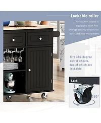 Casainc Kitchen Island with Drop Leaf, Power Outlet, Rubber Wood Top, Rack, Open Storage, Adjustable Shelves (No Stools)