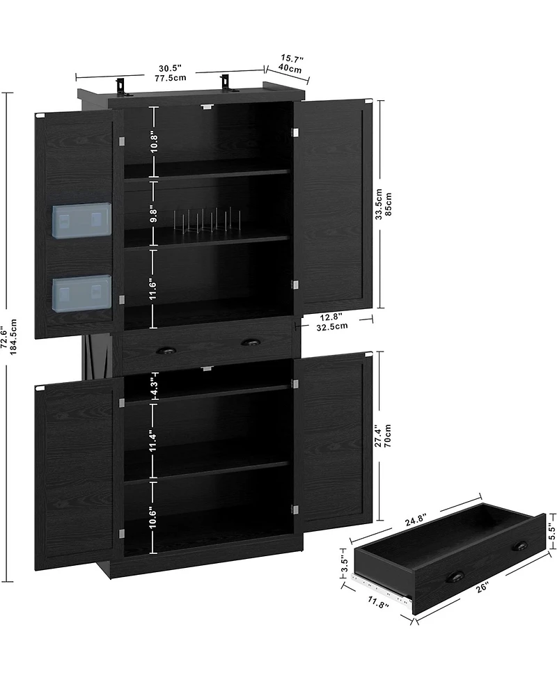 Ironck Kitchen Pantry Storage Cabinet 72.6" H, with Barn Doors, Drawer, Black