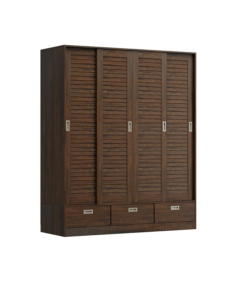 Homsee Brown wood grain 4 doors 3 sliding doors wardrobe, bedroom Armoire, Closet