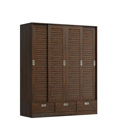Homsee Brown wood grain 4 doors 3 sliding doors wardrobe, bedroom Armoire, Closet