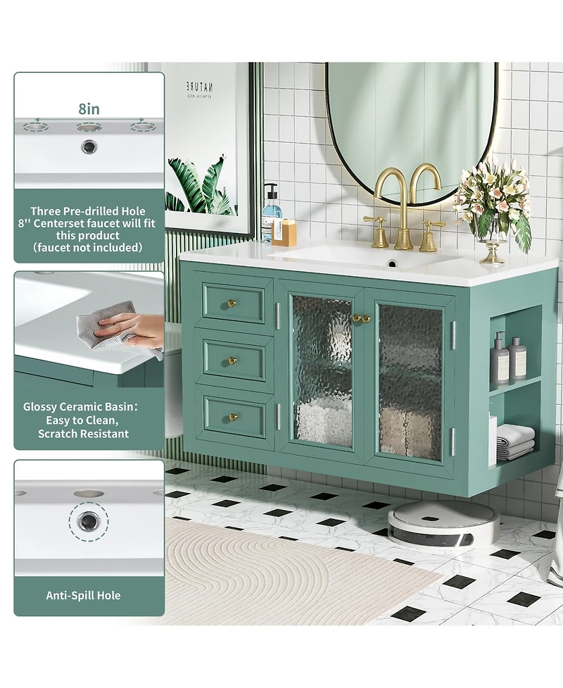 Casainc 36" Wall Mounted Bathroom Vanity with Ceramic Sink and 3 Drawers, Solid Wood Frame
