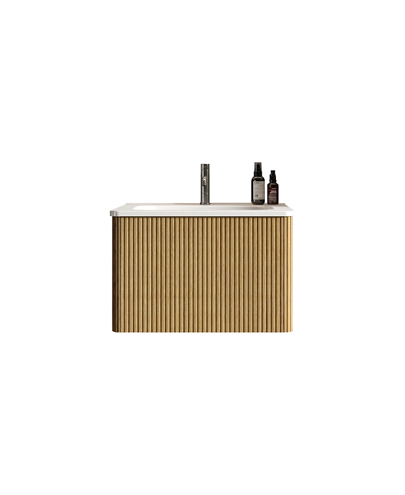 Casainc Etna 24" Floating Vanity With Ceramic Sink and Striped Oak Finish, Pre-Assembled