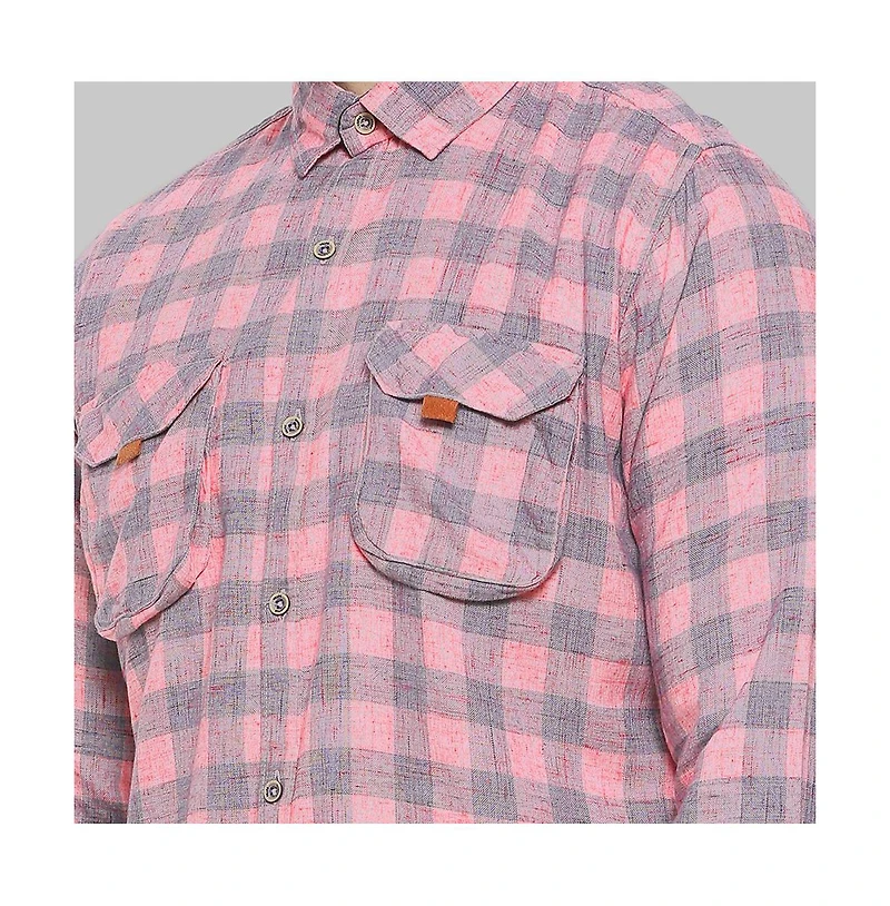 Campus Sutra Men's Blush Pink & Moon Grey Tartan Plaid Shirt