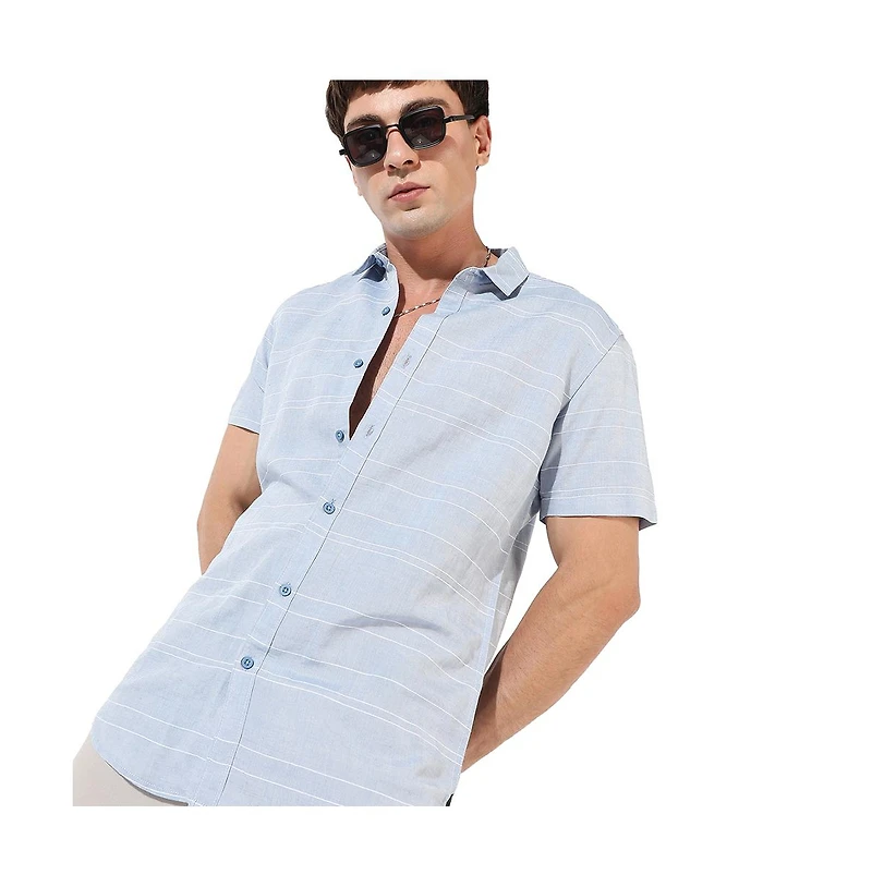 Campus Sutra Men's Light Blue Textured Regular Fit Casual Shirt