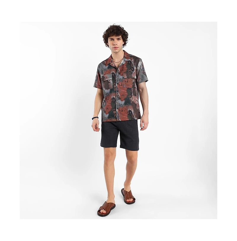 Campus Sutra Men's Chocolate Brown & Midnight Black Abstract Utility Oversized Shirt