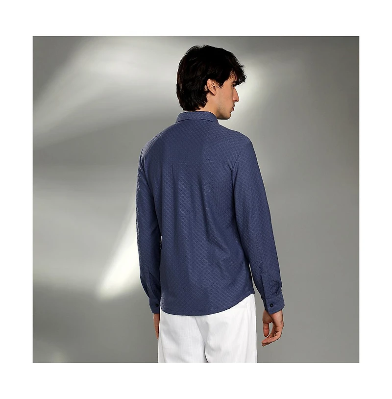 Campus Sutra Men's Aegean Blue Geometric-Weave Textured Shirt