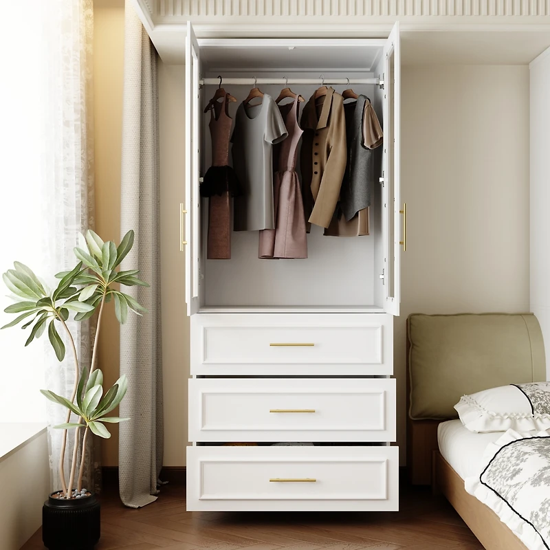 Wardrobe with 2-Door 3-Drawer, with Tempered Glass, Bedroom Closet，Armoire