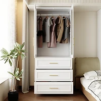 Wardrobe with 2-Door 3-Drawer, with Tempered Glass, Bedroom Closet，Armoire