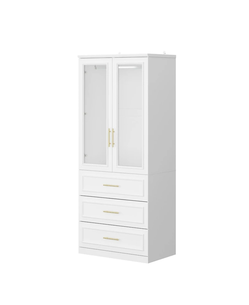 Wardrobe with 2-Door 3-Drawer, with Tempered Glass, Bedroom Closet,Armoire