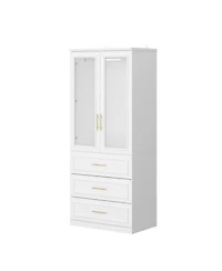 Wardrobe with 2-Door 3-Drawer, with Tempered Glass, Bedroom Closet，Armoire