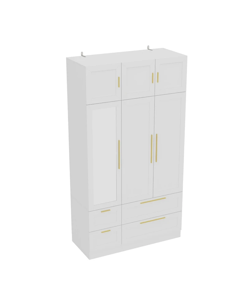Homsee Luxurious white linen 6-door 4-drawer wardrobe with mirror, bedroom Armoire, Closet
