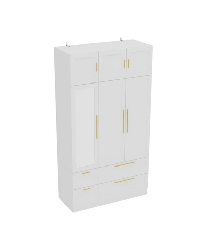Homsee Luxurious white linen 6-door 4-drawer wardrobe with mirror, bedroom Armoire, Closet