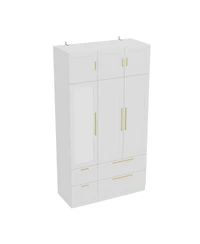 Homsee Luxurious white linen 6-door 4-drawer wardrobe with mirror, bedroom Armoire, Closet