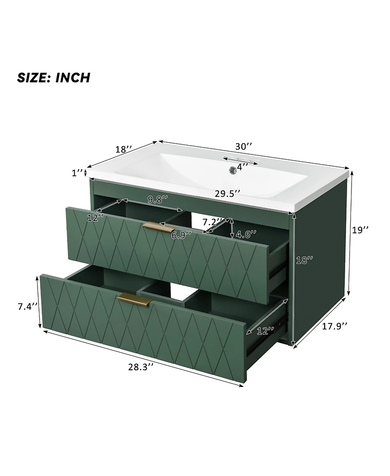 Casainc 30" Floating Bathroom Vanity with Resin Sink and 2 Drawers, Solid Wood Storage Cabinet
