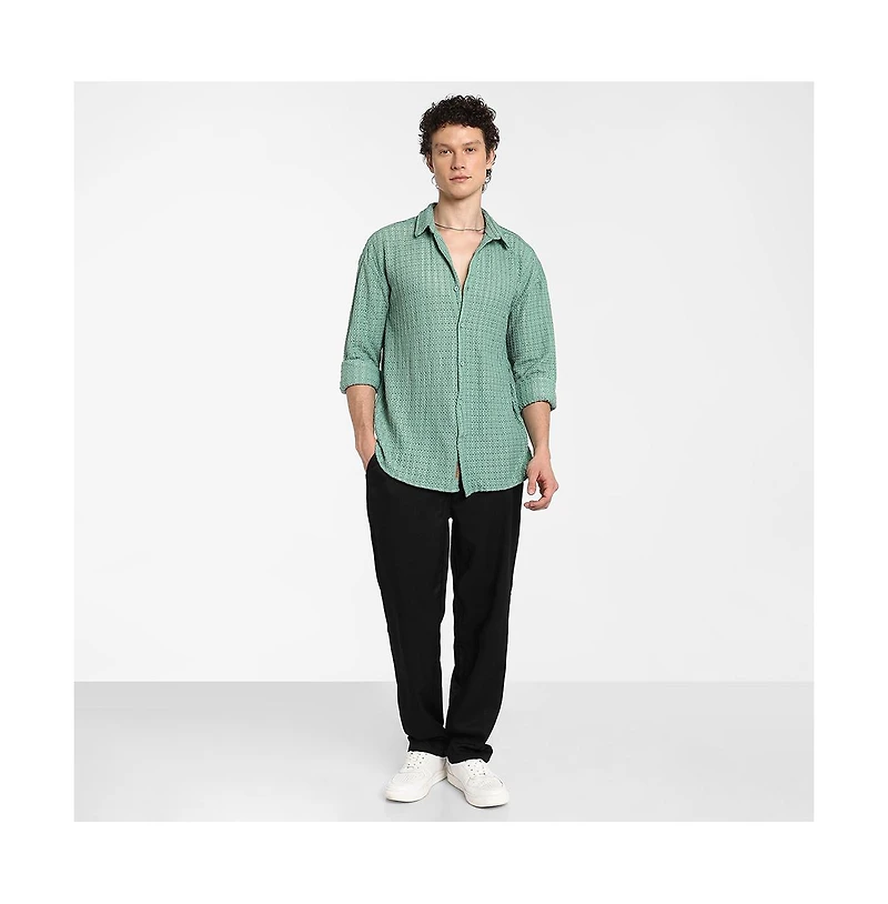 Campus Sutra Men's Sea Green Hollow Knit Oversized Shirt