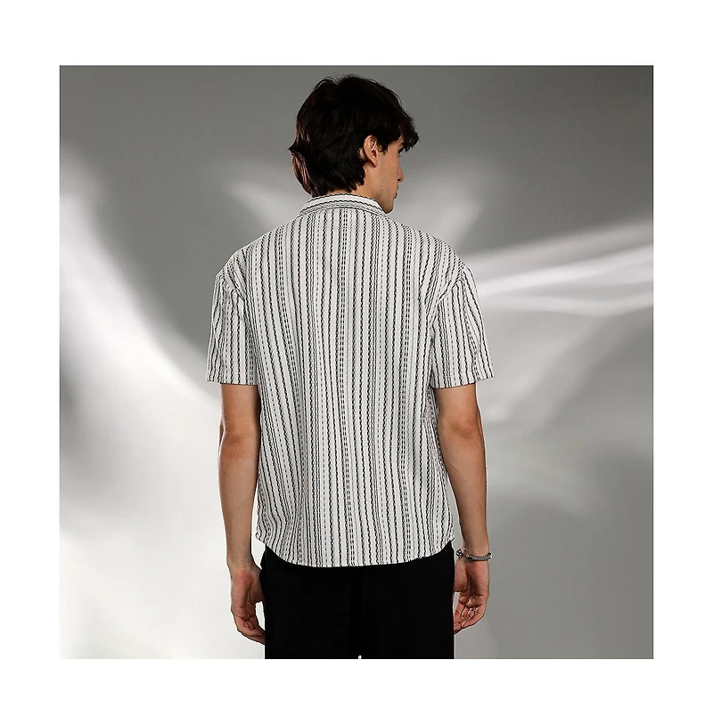 Campus Sutra Men's Off-White & Midnight Black Striped-Weave Oversized Shirt
