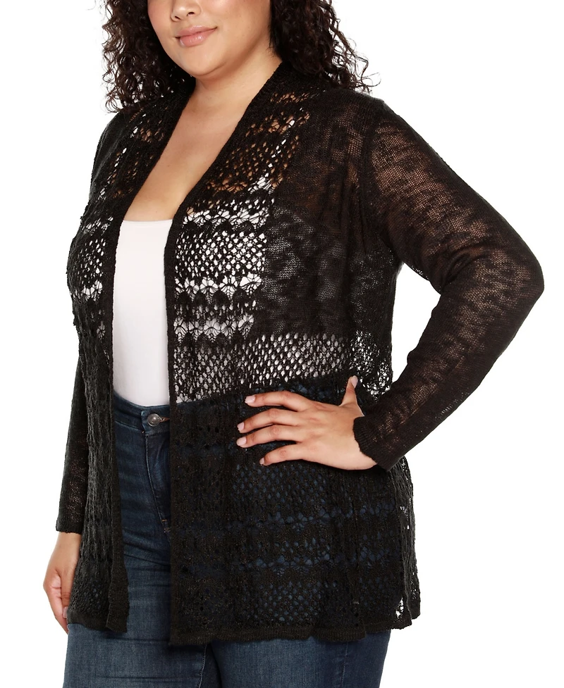 Belldini Plus Open-Front Pointelle-Trim Cardigan Sweater