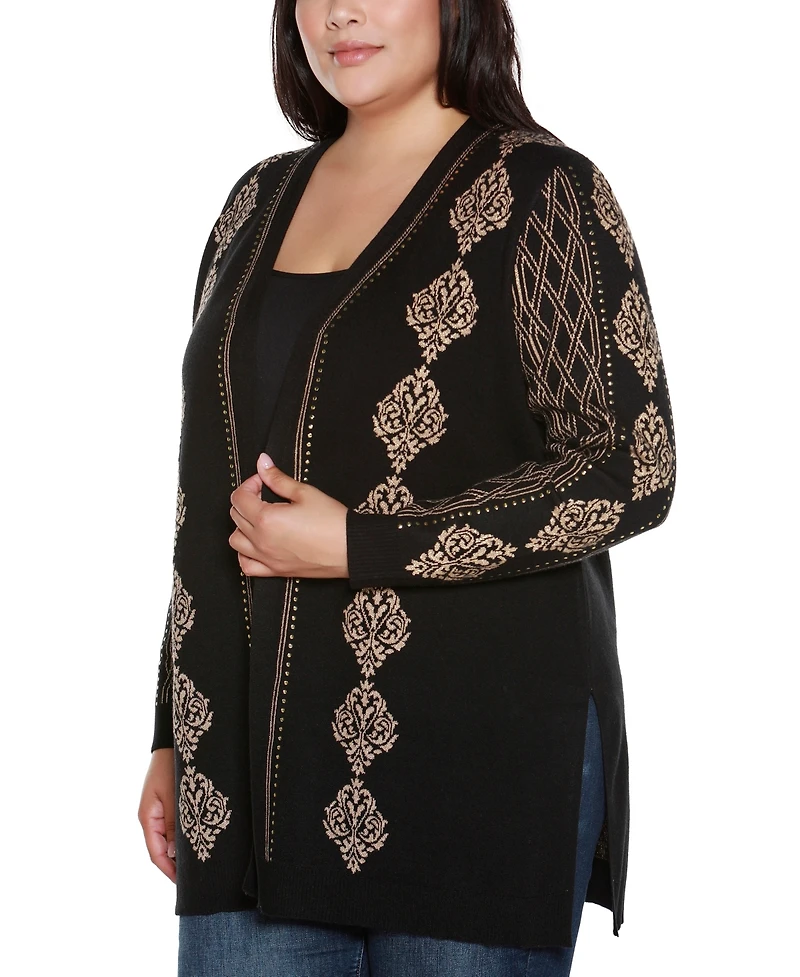 Belldini Plus Lurex Jacquard Open-Front Cardigan Sweater