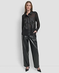 Dkny Women's Long Sleeve Chiffon Logo Button Front Top