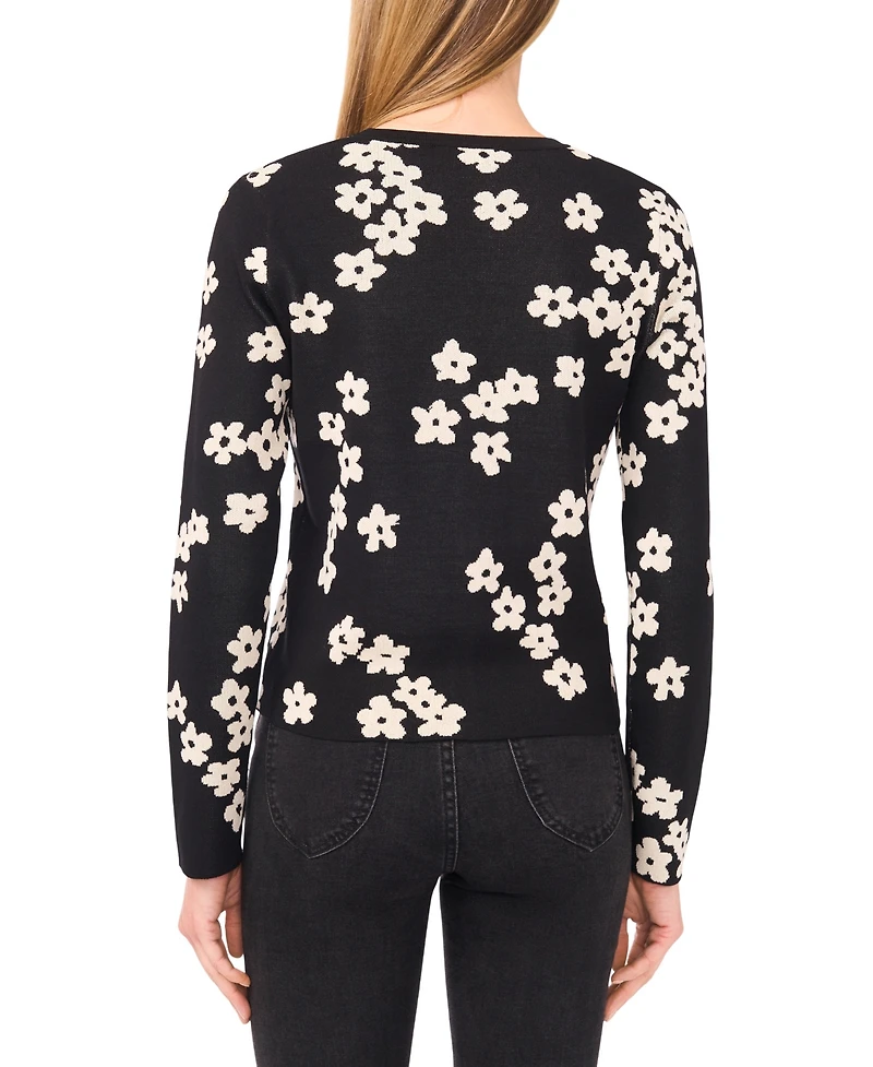 CeCe Women's Flower Jacquard Cardigan Sweater
