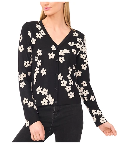 CeCe Women's Flower Jacquard Cardigan Sweater