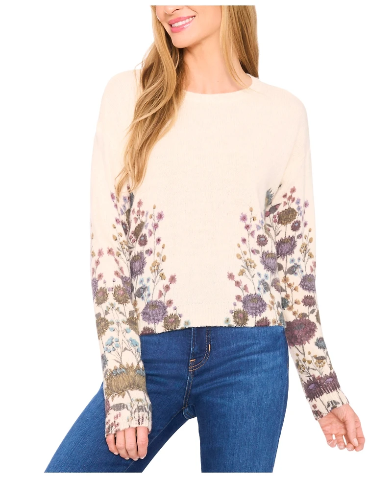 CeCe Women's Floral Print Crewneck Sweater