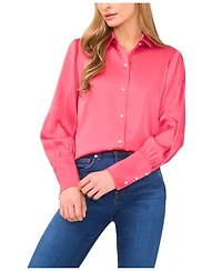 CeCe Women's Luxe Satin Imitation Pearl Button Down Blouse